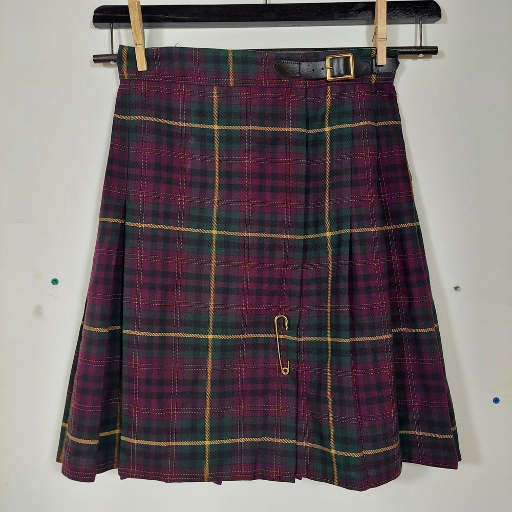 Rafferty Vintage Plaid Kilt Skirt Purple Green Pleated Mini Made in USA Size 3